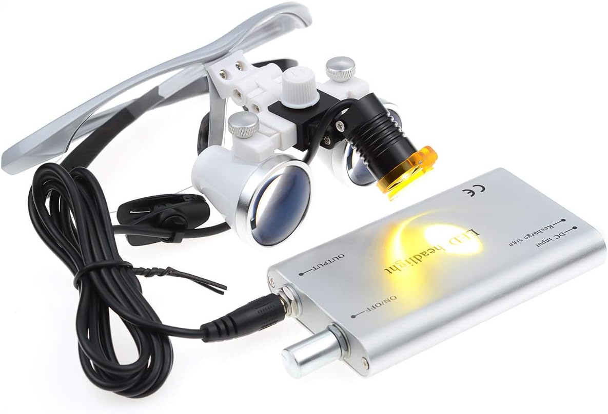 EustomA 2.5X Binocular Loupes Optical Glasses  3W LED Headlight Lamp with Filter   Aluminum Box Silver